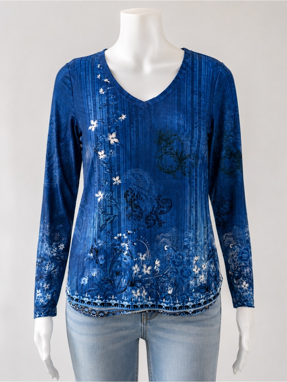 Blue V-Neck Long Sleeve Floral Top